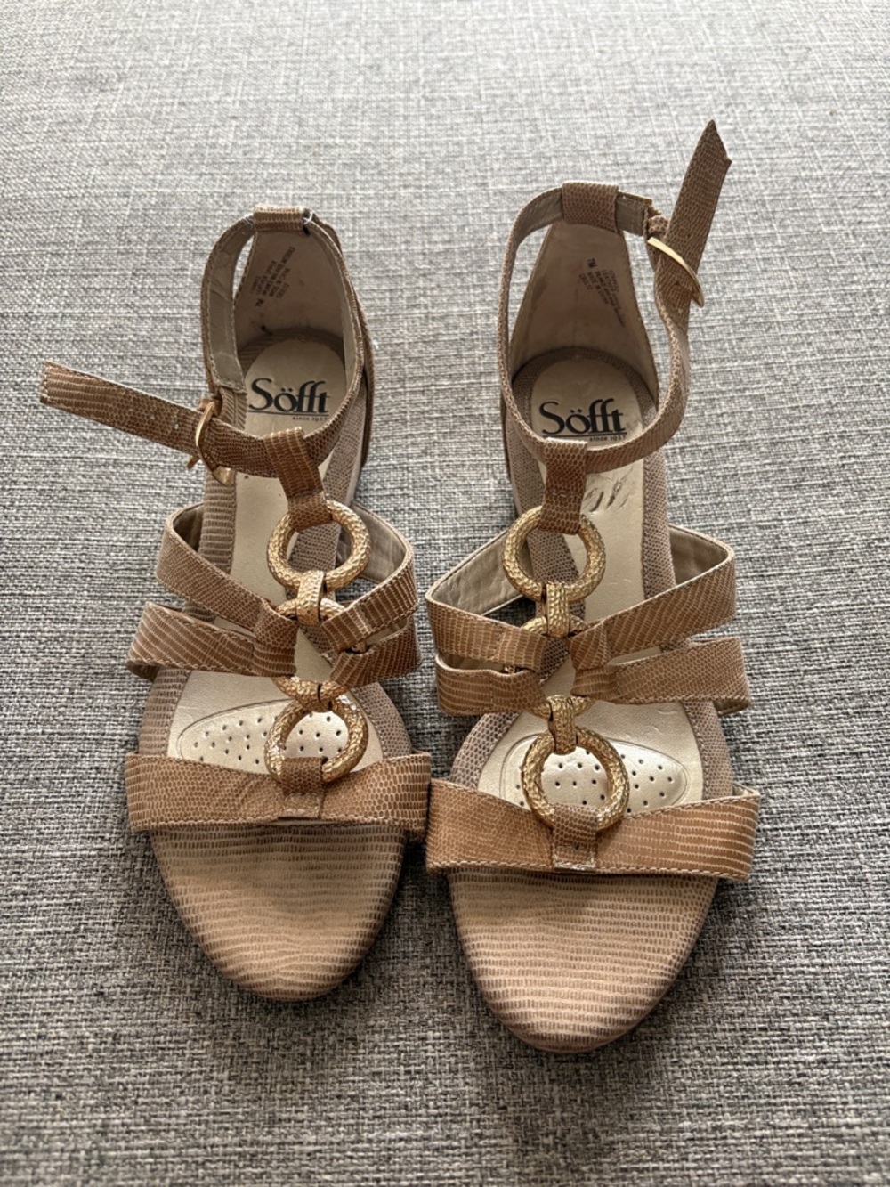 Sofft Tan Strappy Heels with Gold Ring Accents